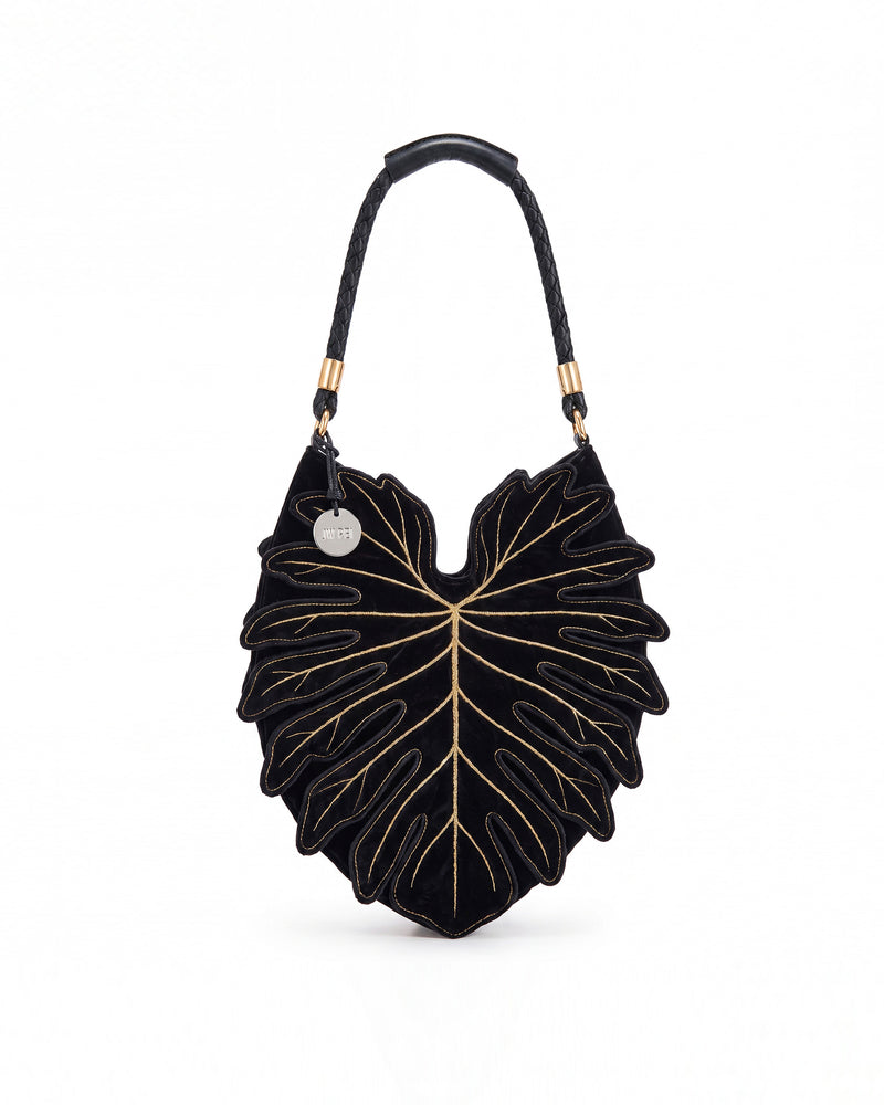 Embroidered Monstera Leaf Shaped Bag - Black