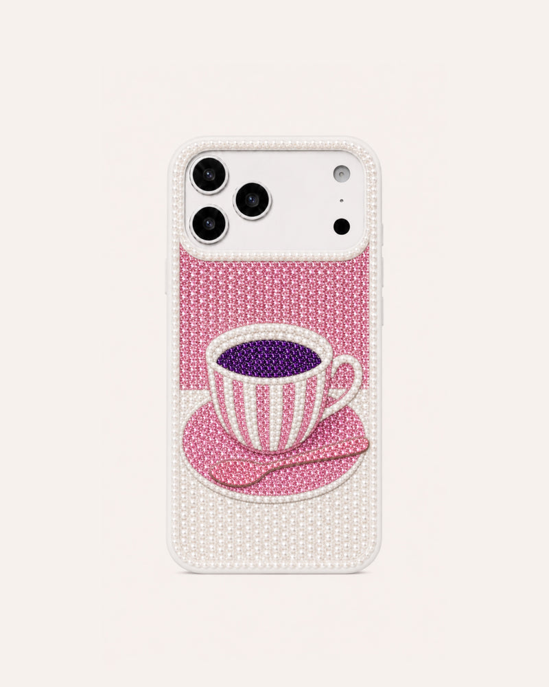 Tea Cup Rhinestone Phone Case – White