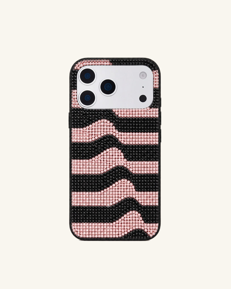 Wavy Stripe Artificial Crystal Phone Case - Pink Black
