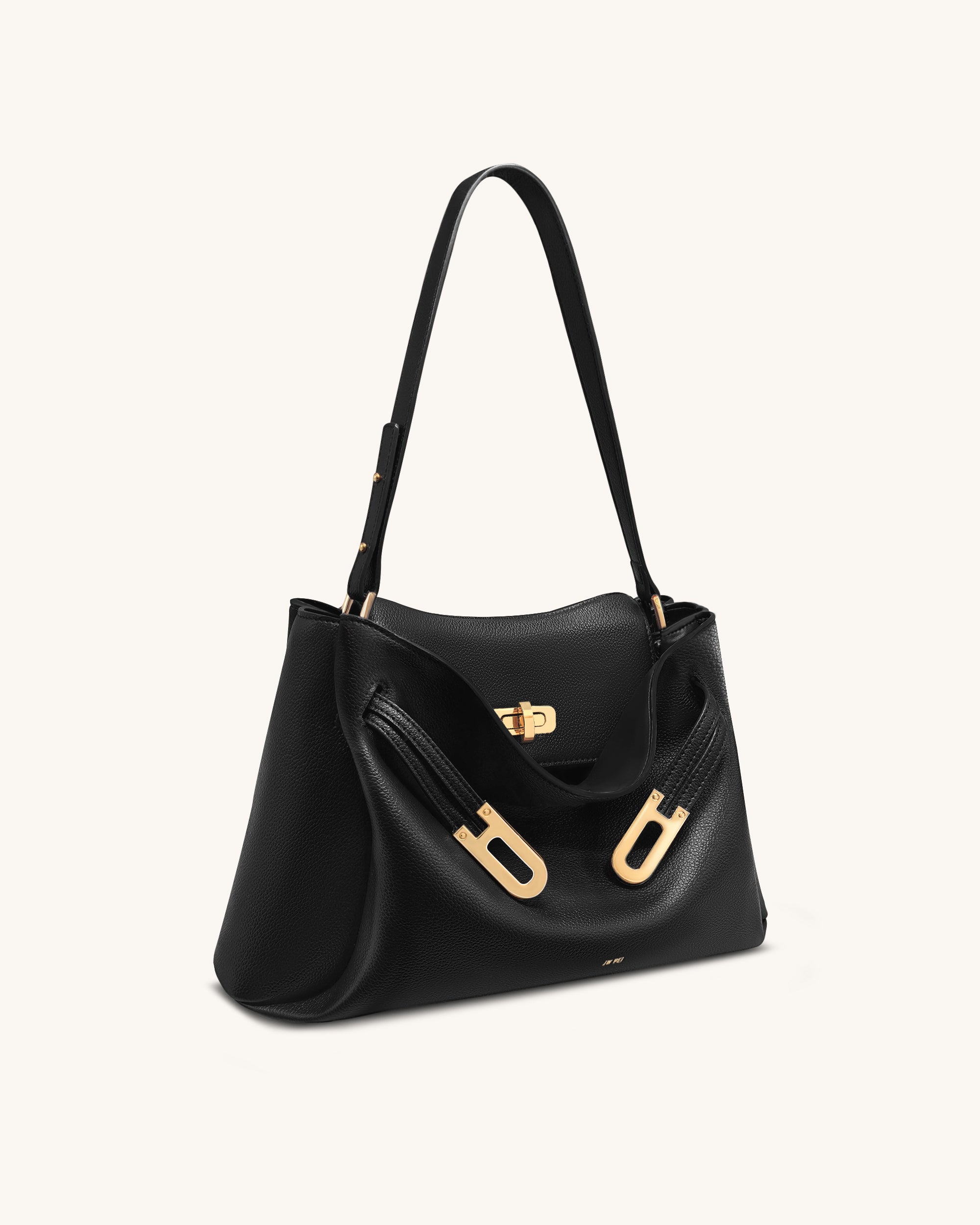 Rhea Pebbled Double Buckle Shoulder Bag - Black