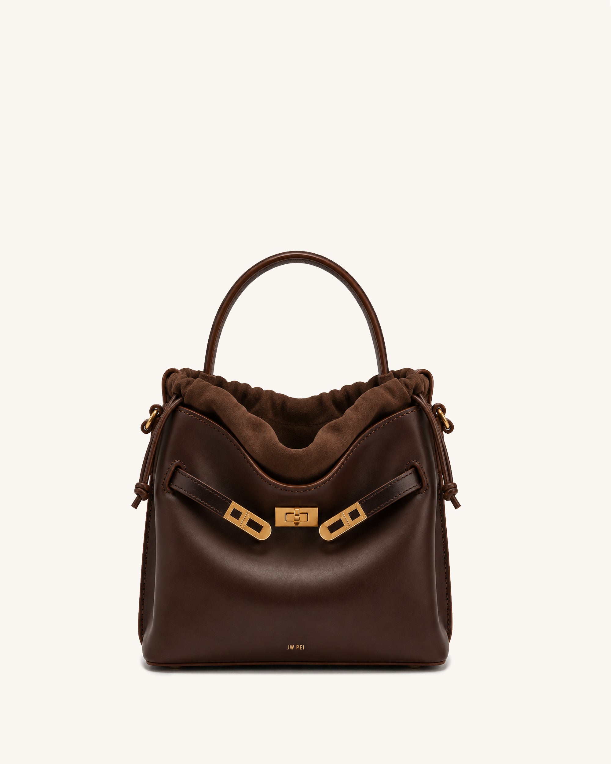 Rhea Drawstring Buckle Accent Top Handle Bag – Dark Brown