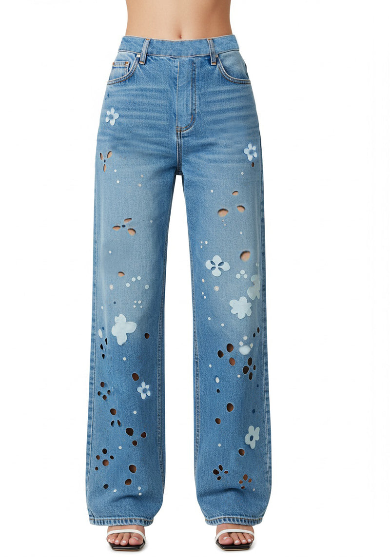 Floral Cutout Wide-Leg Jean– Blue