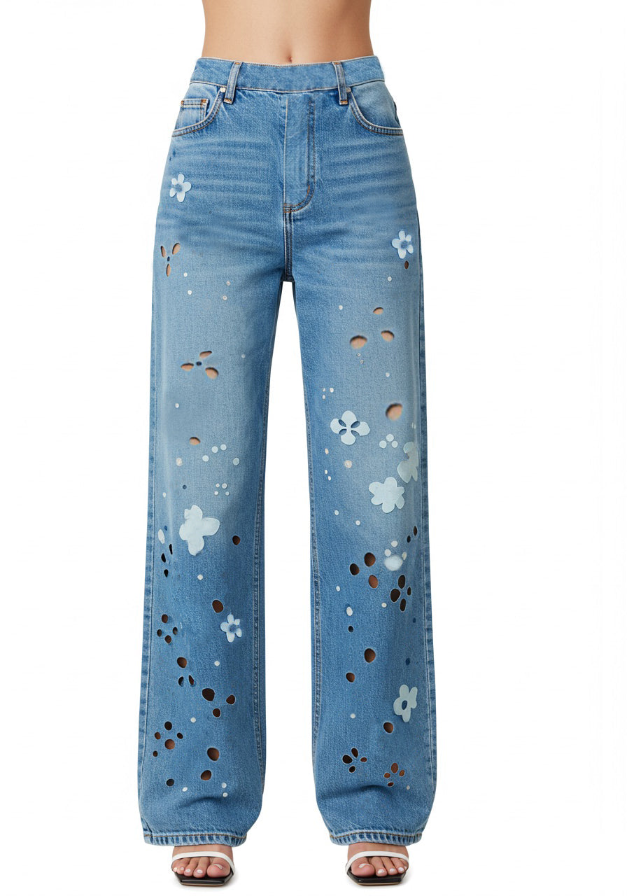 Floral Cutout Wide-Leg Jean– Blue