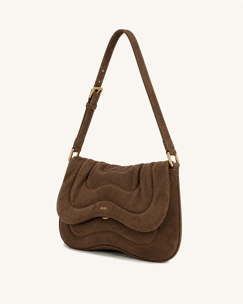 Tina Quilted Faux Suede Flap Shoulder Bag - Brown
