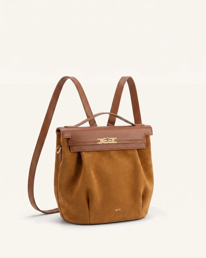 Bria Mixed-Material Faux Suede Backpack – Camel