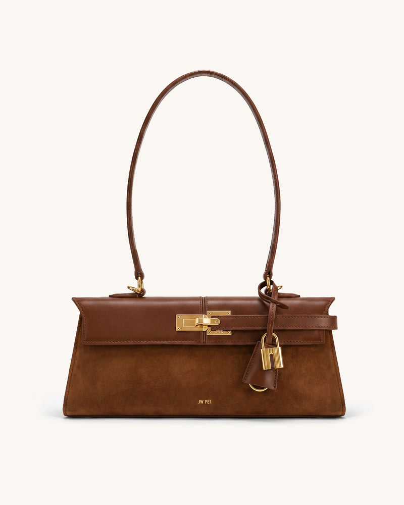 Elise Faux Suede Trim East-West Shoulder Bag - Brown
