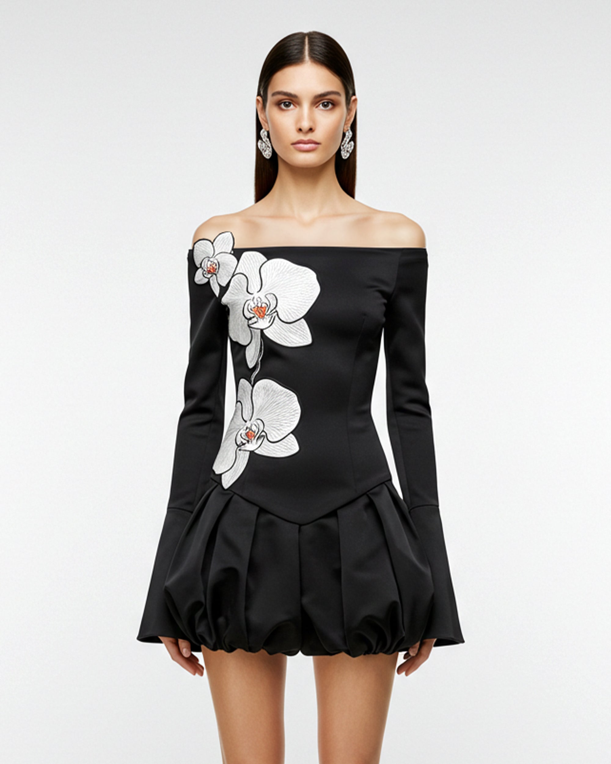 Orchid Embroidery Appliqué Off-Shoulder Mini Dress – Black