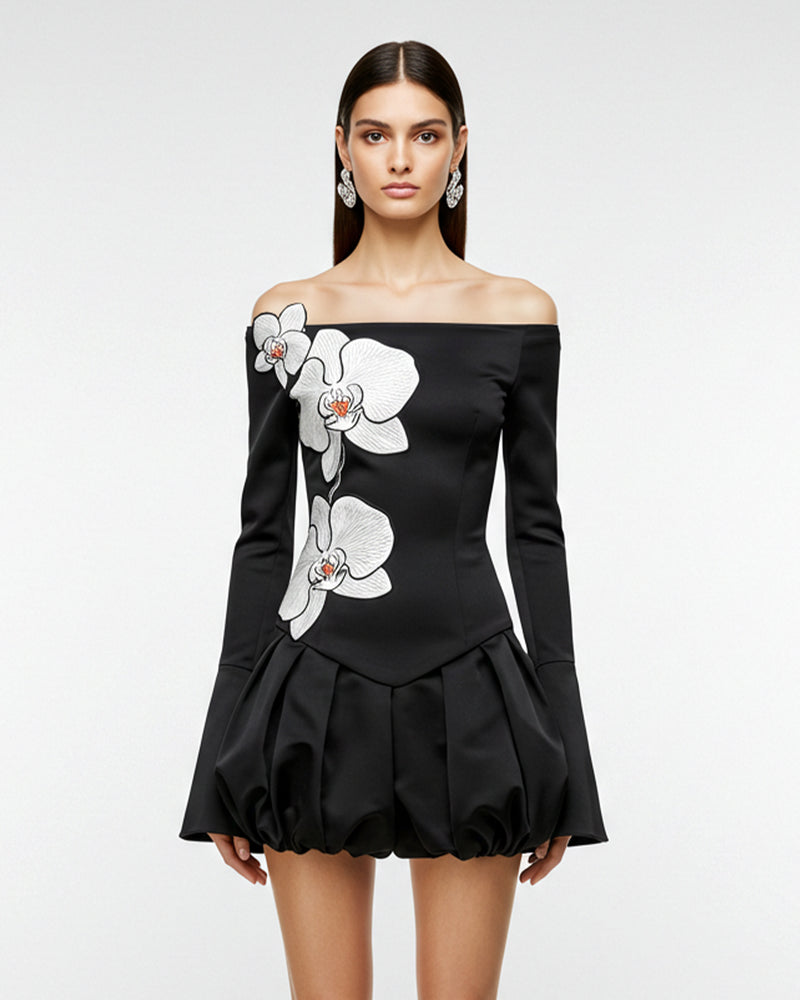 Orchid Embroidery Appliqué Off-Shoulder Mini Dress – Black