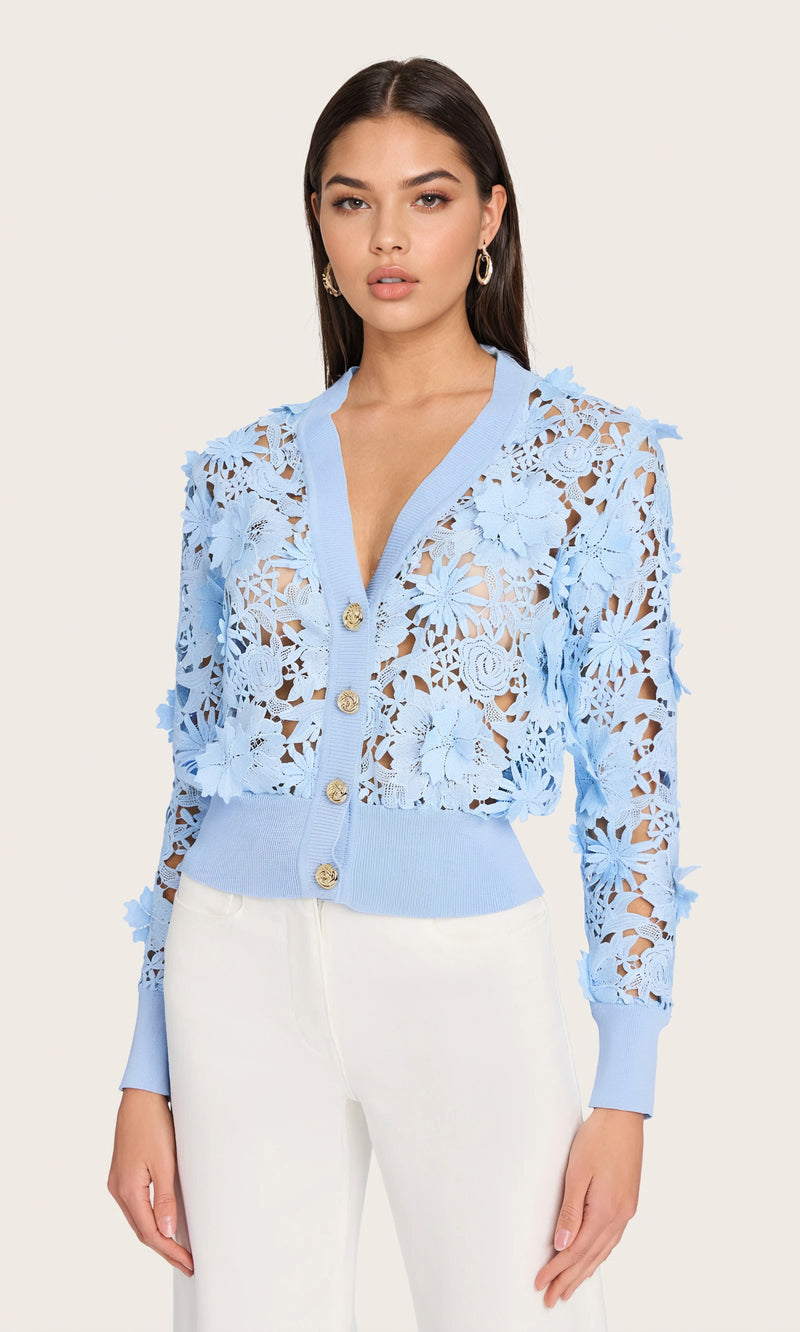 Floral Appliqué Sheer Cardigan – Blue