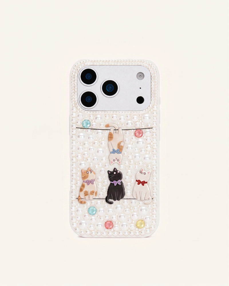 Pearl-Embellished Playful Cats Phone Case – White