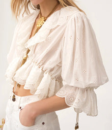 Eyelet Ruffle Crop Blouse – White
