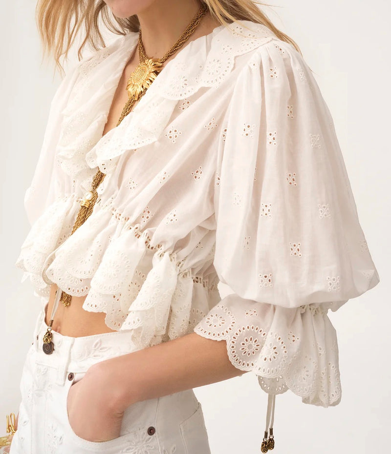 Eyelet Ruffle Crop Blouse – White
