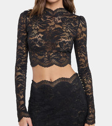 Sheer Floral Lace Crop Top – Black