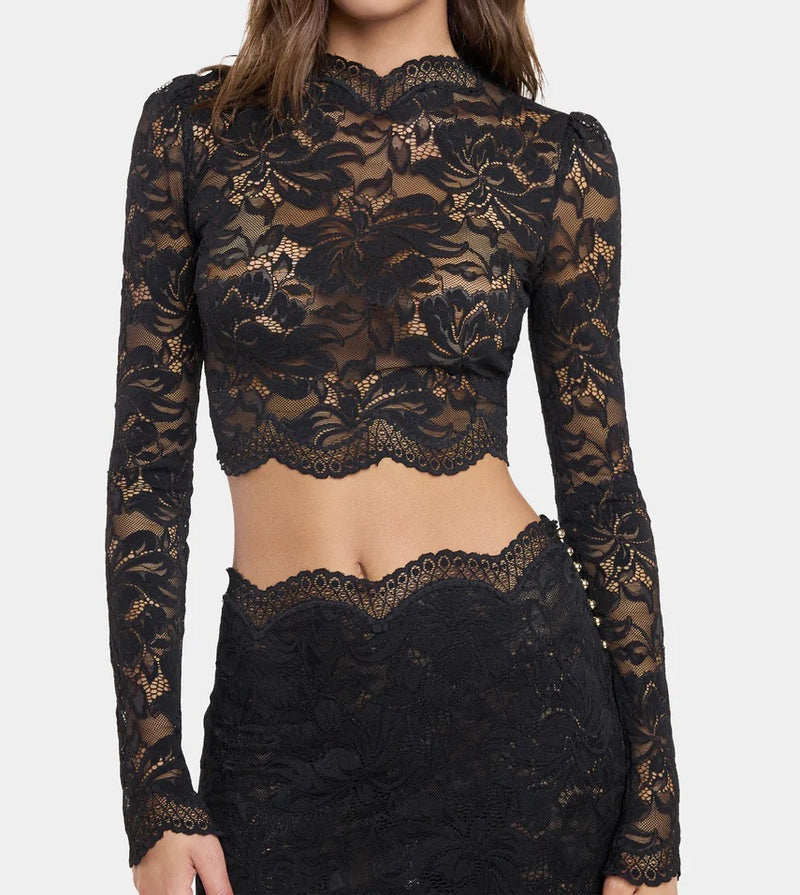 Sheer Floral Lace Crop Top – Black