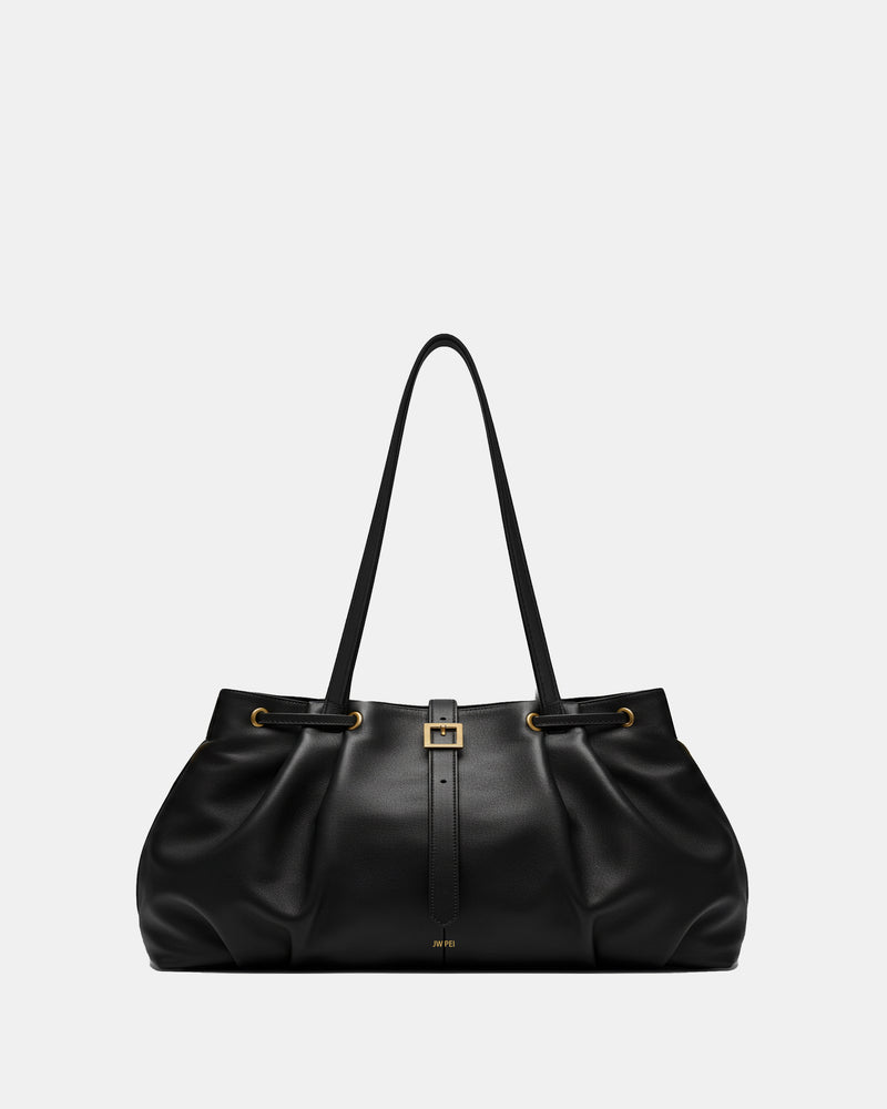 Slouchy Leather Shoulder Tote Bag - Black