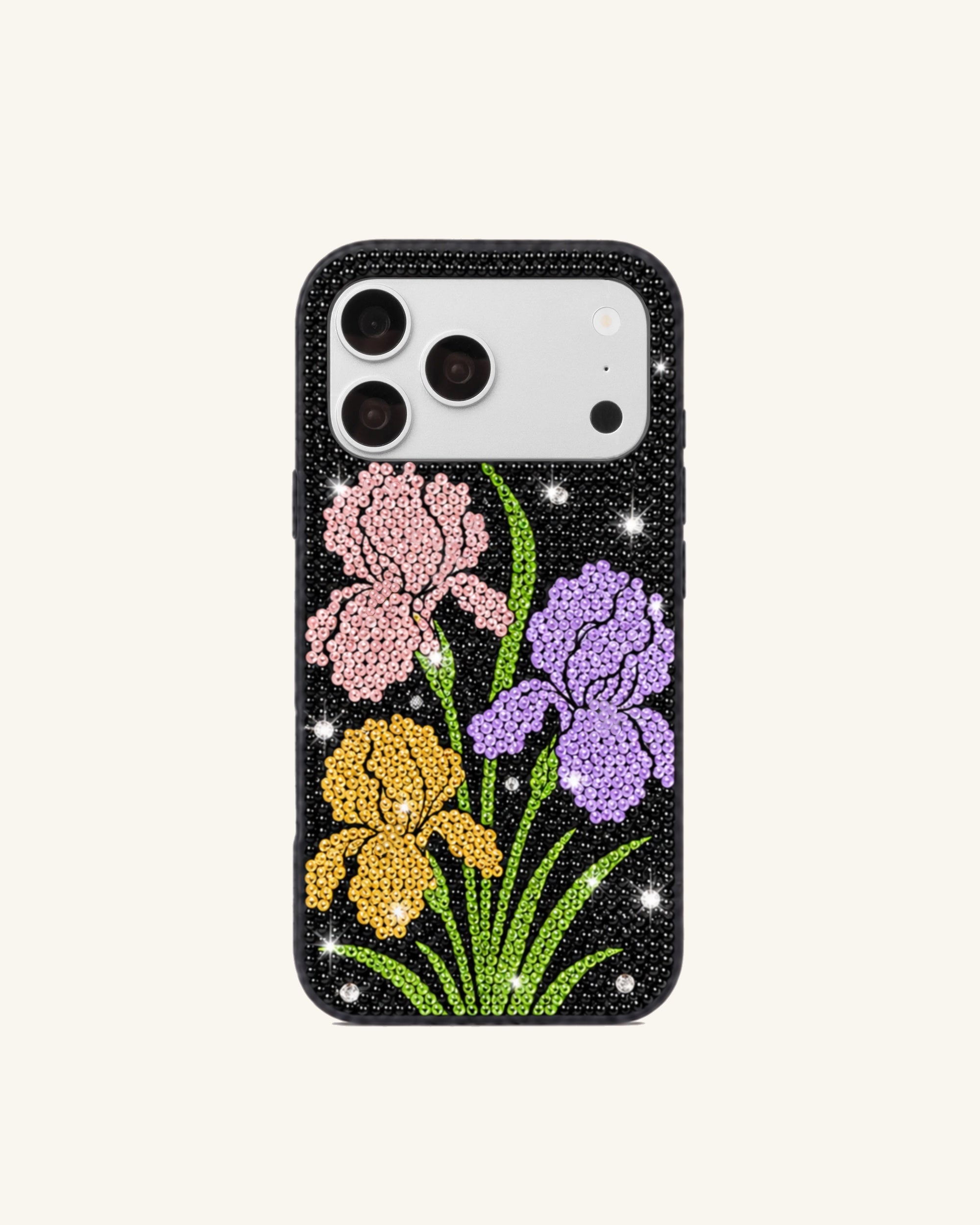 Colorful Floral Artificial Crystal Phone Case – Black