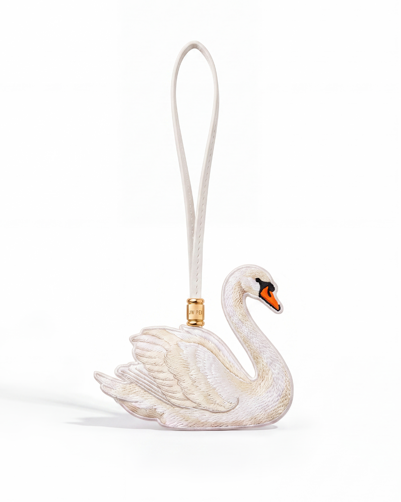 Swan Embroidered Bag Charm – White