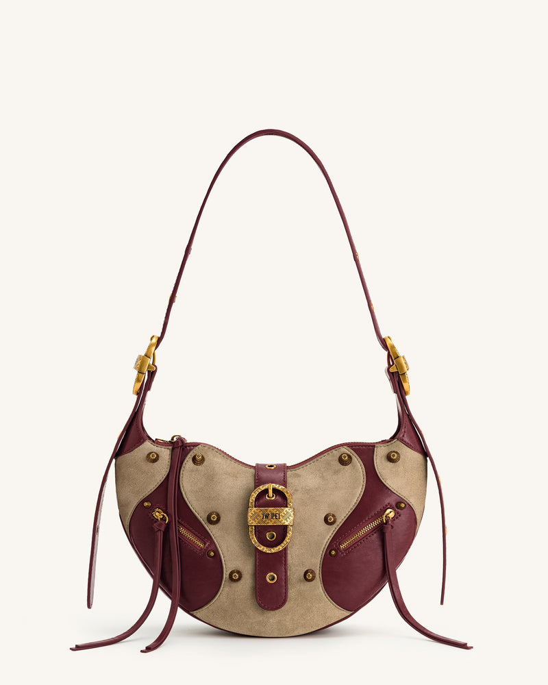 Tessa Faux Suede Studded Shoulder Bag - Burgundy