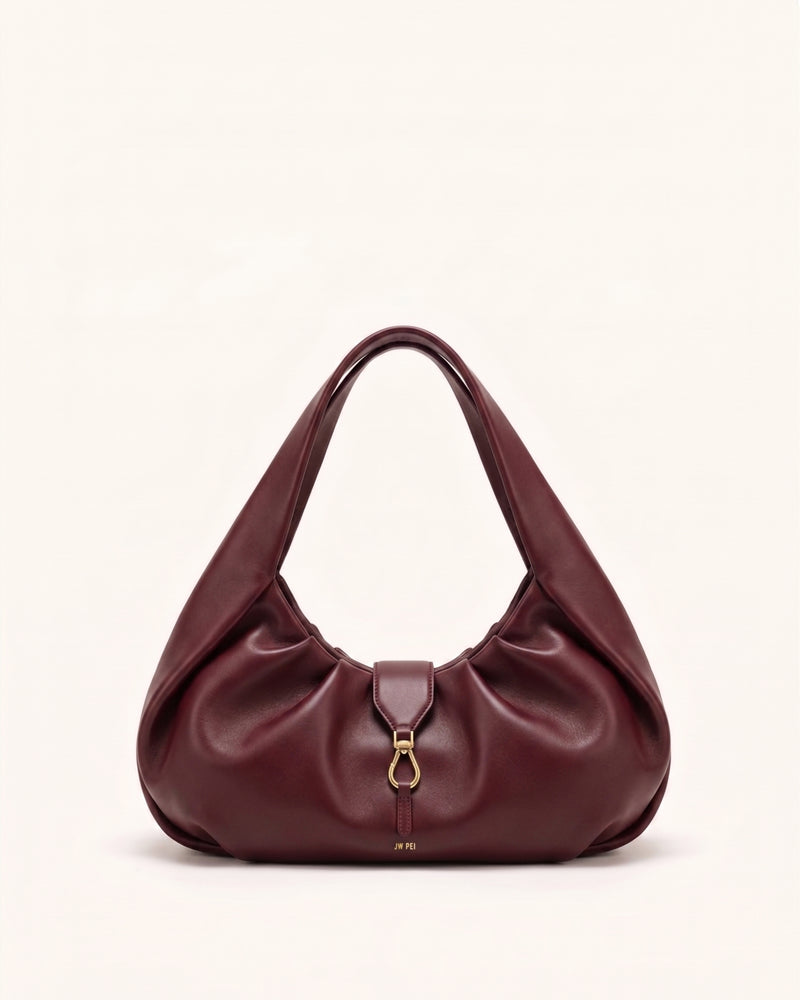 Bruna East-West Ruched Hobo Bag - Burgundy