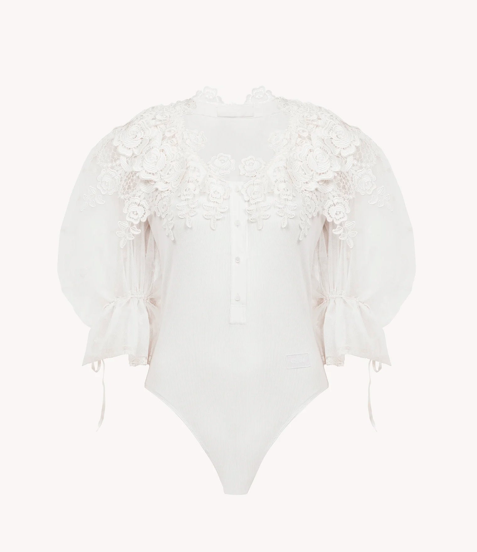 Floral Lace Puff Sleeve Bodysuit – White