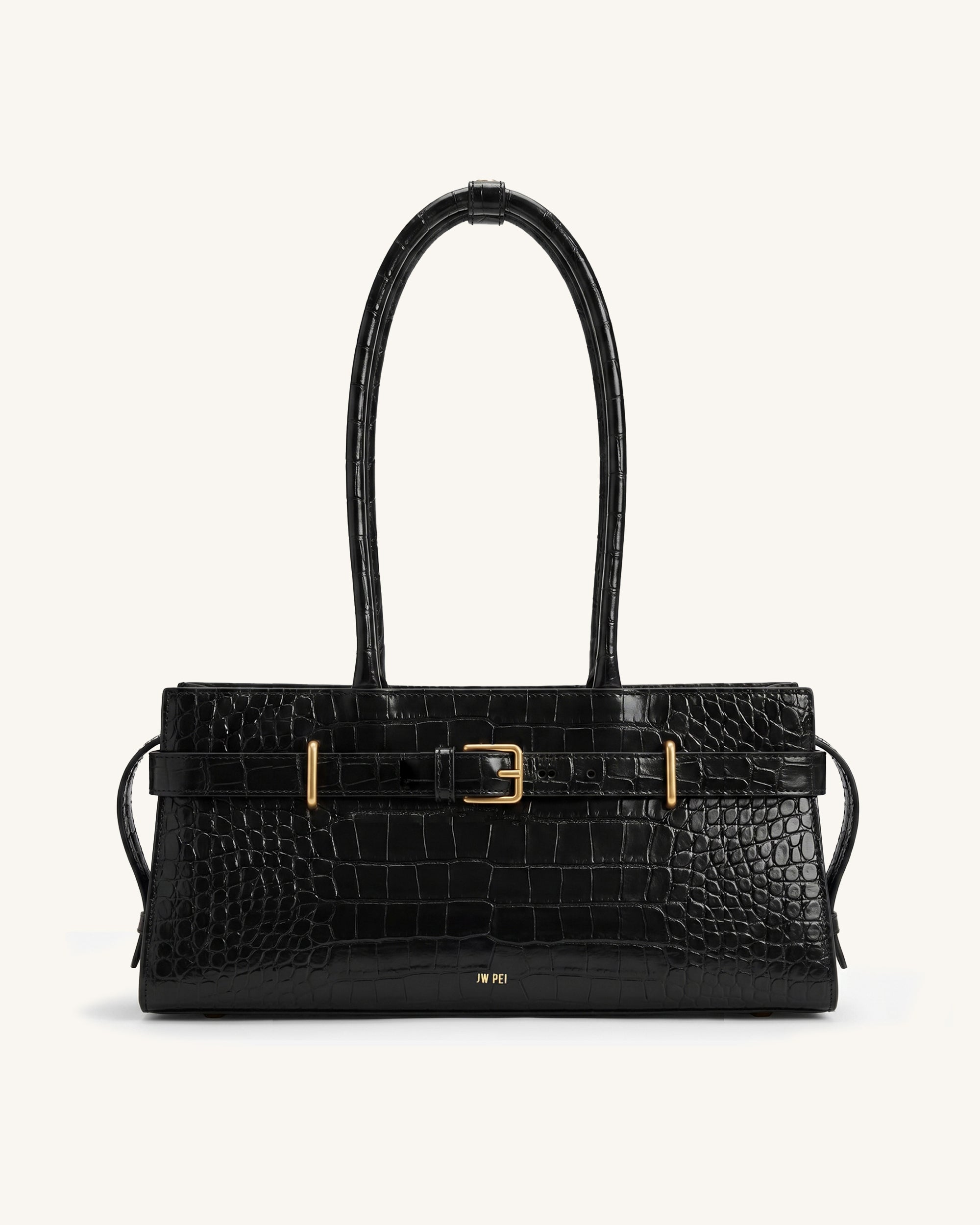 Elena Long Handle Croc-Embossed Tote - Black