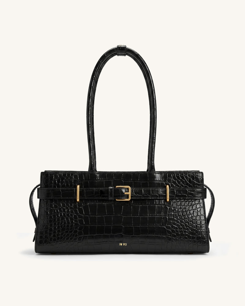 Elena Long Handle Croc-Embossed Tote - Black