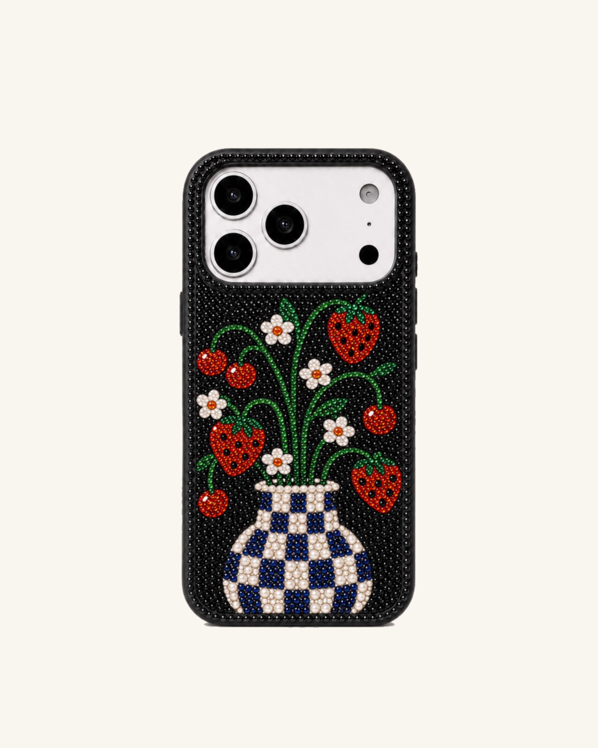 Strawberry Vase Rhinestone Phone Case – Black