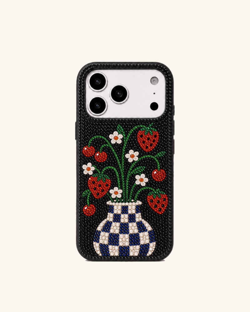 Strawberry Vase Rhinestone Phone Case – Black
