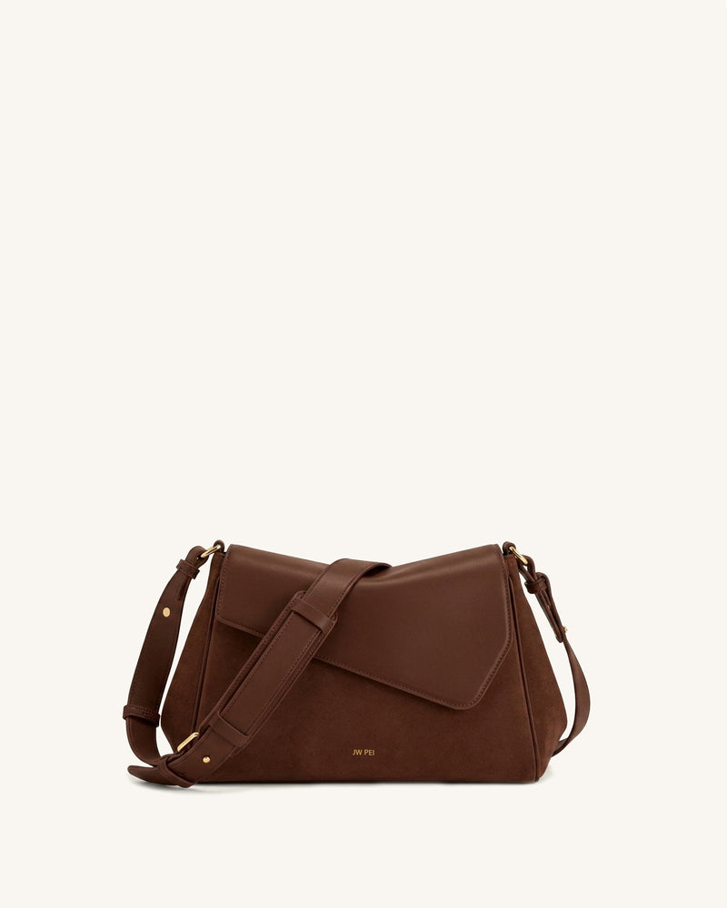 Addisyn Faux Suede Patchwork Flap Slouchy Shoulder Bag – Brown