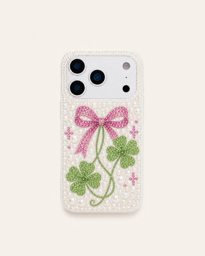 Lucky Clover Bow Artificial Crystal Phone Case - White