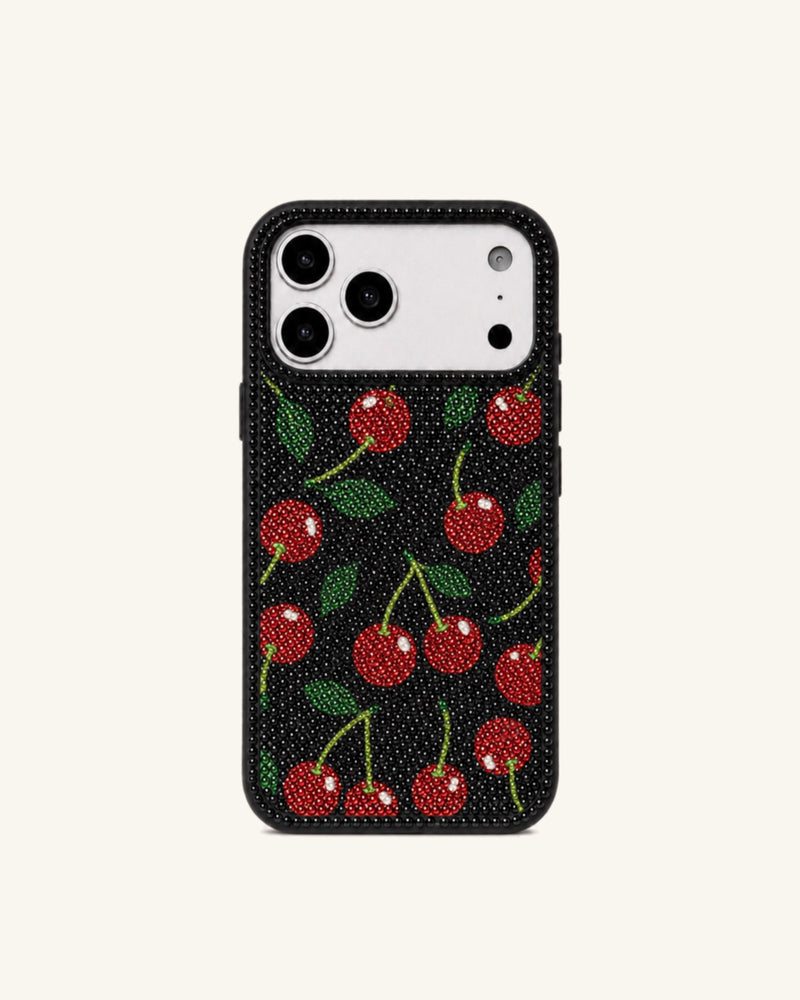 Cherry Rhinestone Phone Case – Black