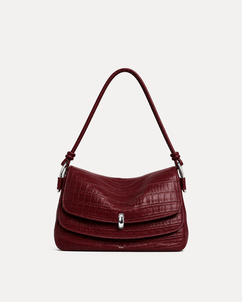 Mira Croc-Embossed Shoulder Bag - Burgundy
