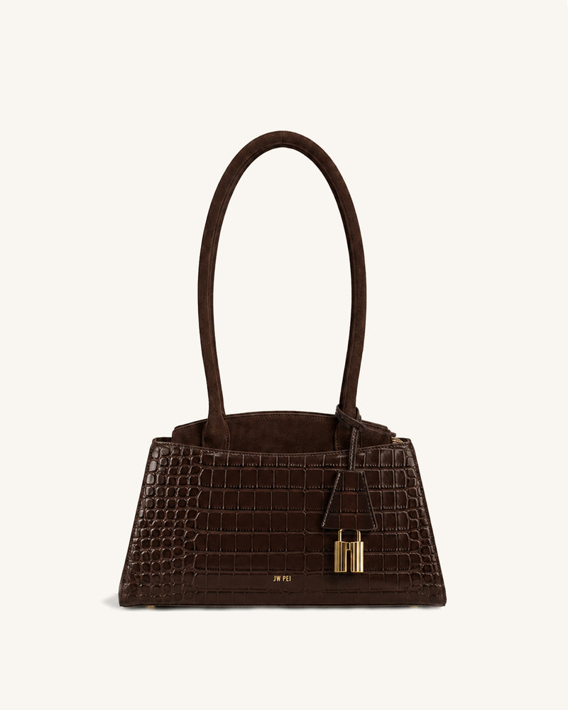 Zora Trapeze Shoulder Bag - Dark Brown Croc