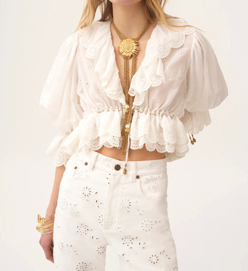 Eyelet Ruffle Crop Blouse – White