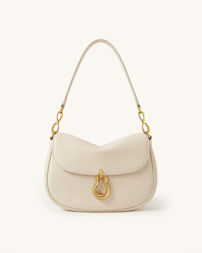 Jayla Metal Pendant Embellished Curved Flap Shoulder Bag - Ivory