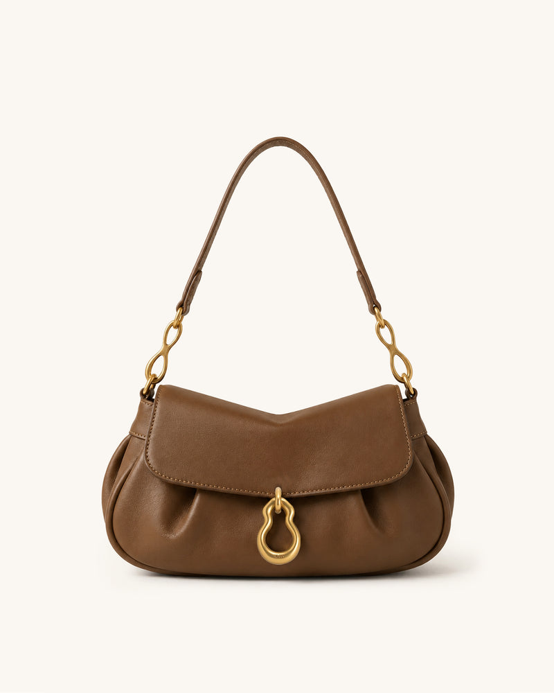 Jayla Metal Pendant Embellished Ruched Flap Shoulder Bag - Camel Brown