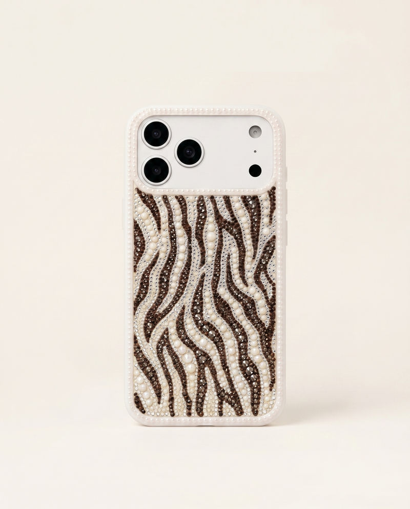 Pearl Zebra Stripe Artificial Crystal Phone Case – White