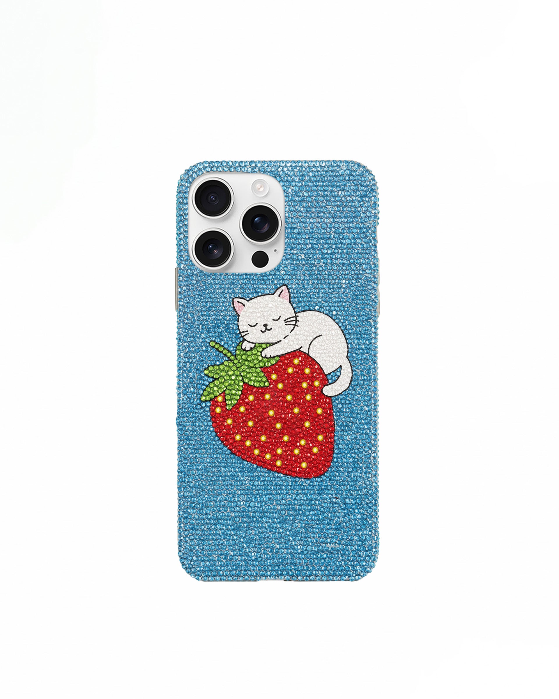 Cat Strawberry Artificial Crystal Phone Case – Blue