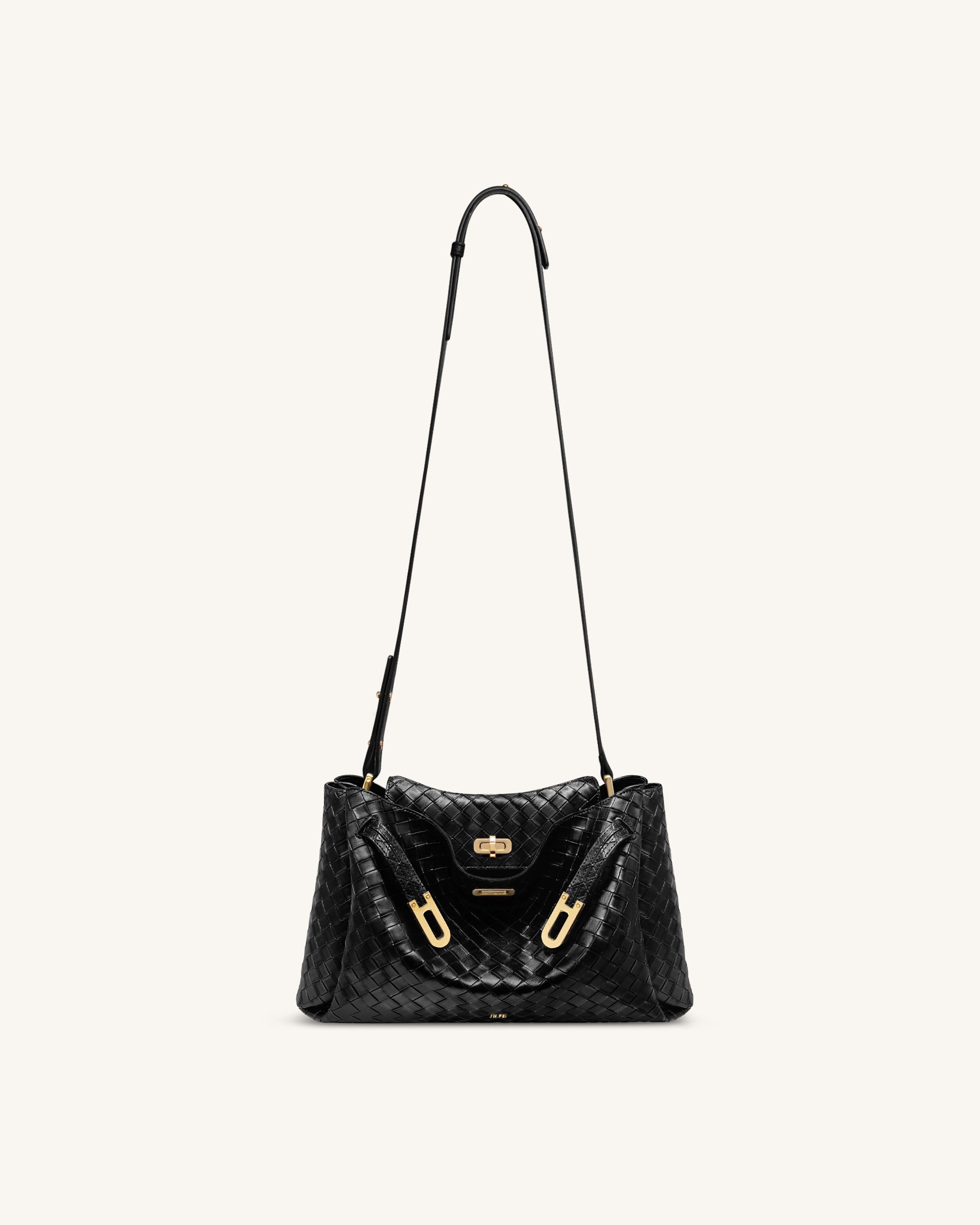 Rhea Large Woven Textured Shoulder Bag - Black