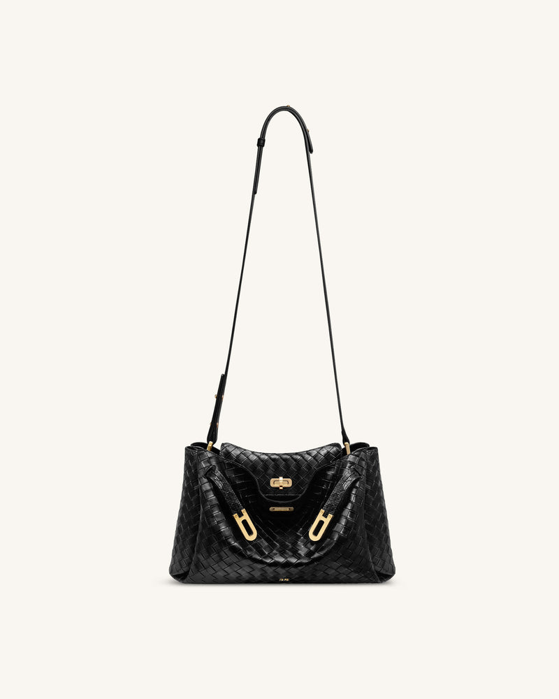 Rhea Large Woven Textured Shoulder Bag - Black