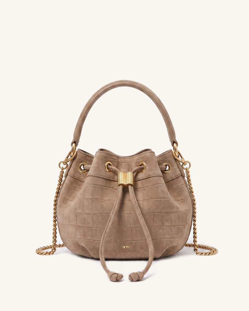 Celia Faux Suede Drawstring Bucket Bag - Taupe Croc-Embossed