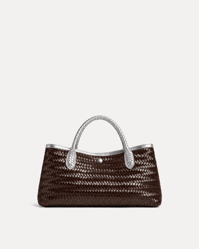 Ava Woven Tote Bag - Dark Brown & Metallic Silver
