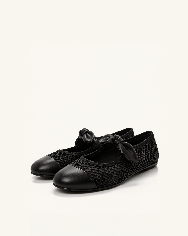 Megan Bow Mesh Flats – Black
