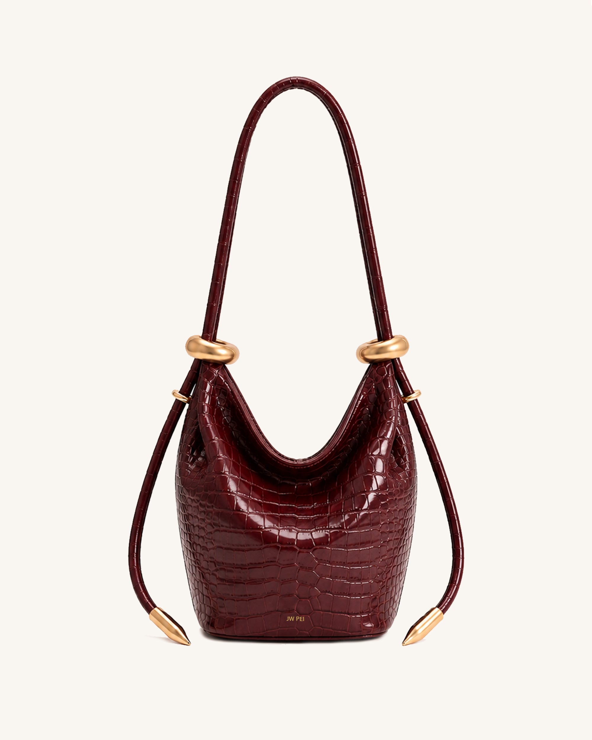 Ellie Metal Ring Bucket Bag - Burgundy Croc