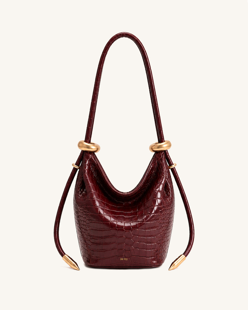 Ellie Metal Ring Bucket Bag - Burgundy Croc