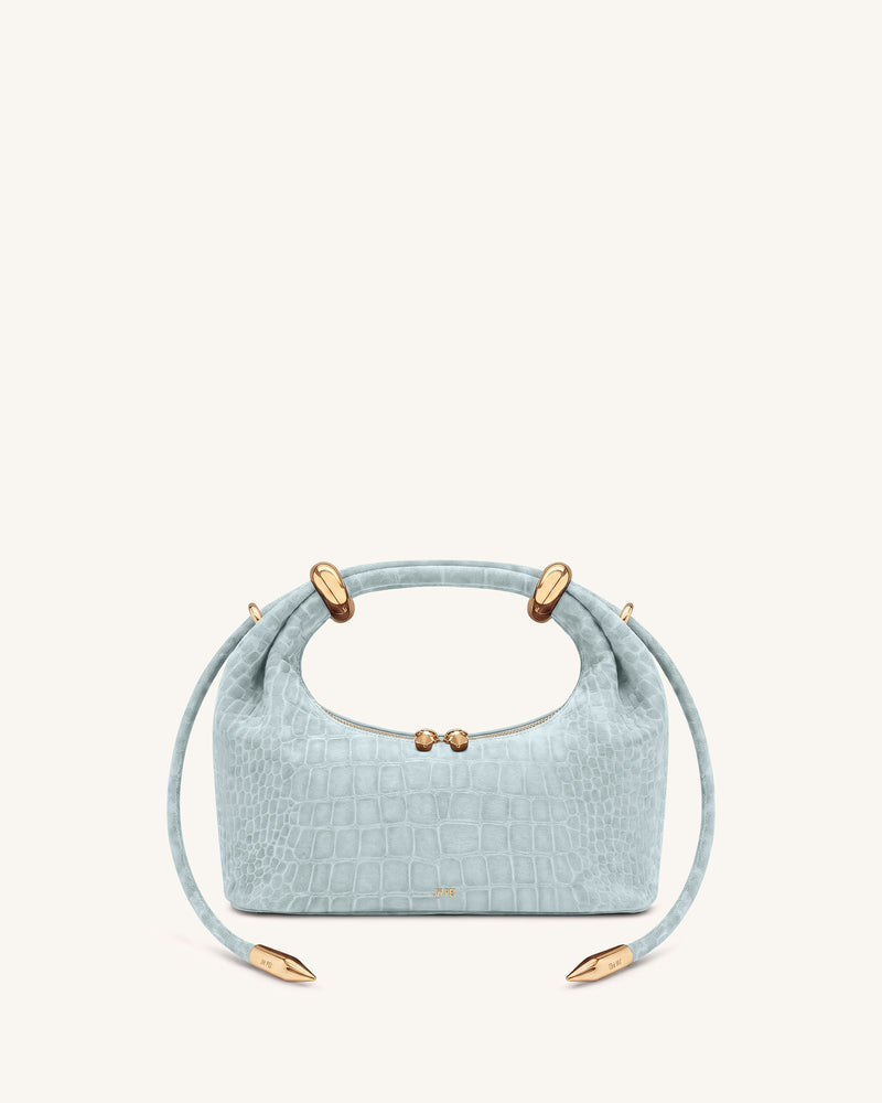 Ellie Faux Suede Metal Ring Embellished Top Handle Bag - Blue Croc