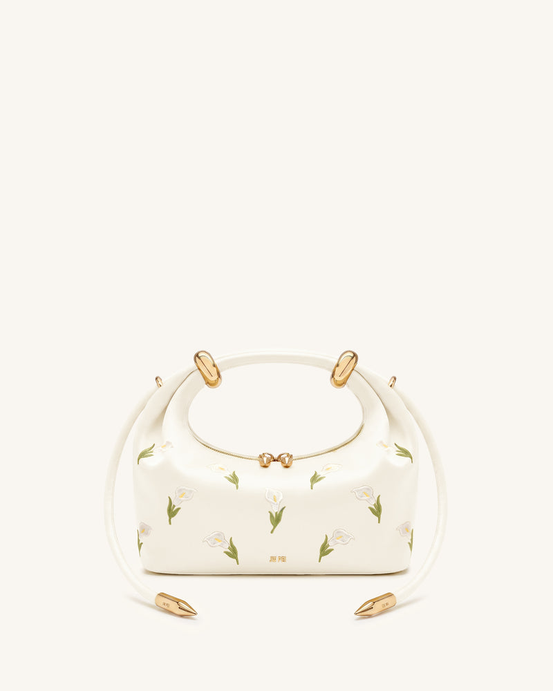 Ellie Satin Finish Embroidered Metal Ring Embellished Top Handle Bag - White