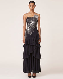Orchid Embroidered Ruffled One-Shoulder Maxi Dress - Black & White