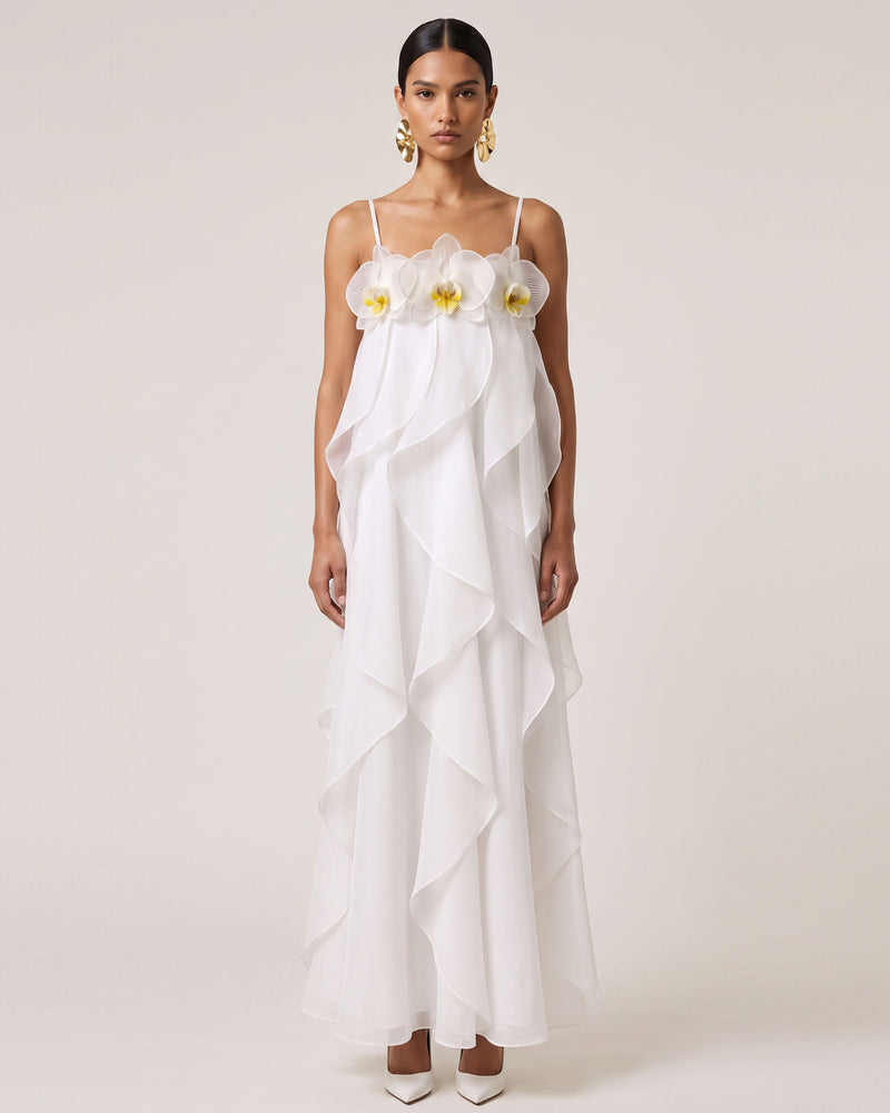 Orchid Embroidered Organza Maxi Dress - White