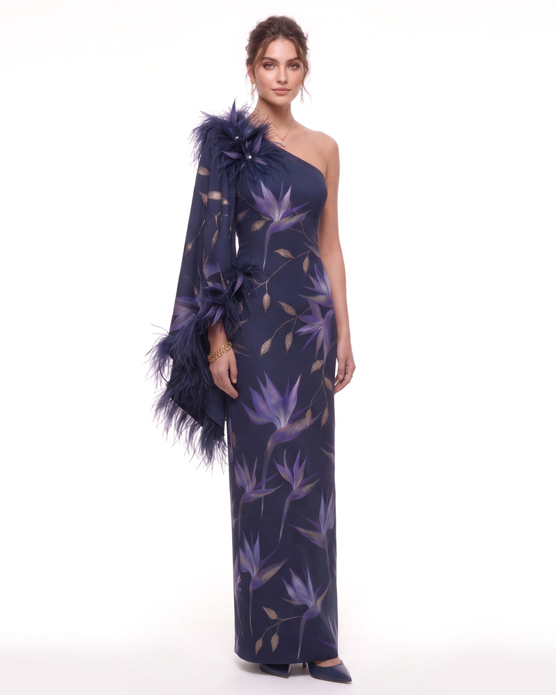Bird of Paradise Feather-Trim One-Shoulder Maxi Dress - Midnight Blue